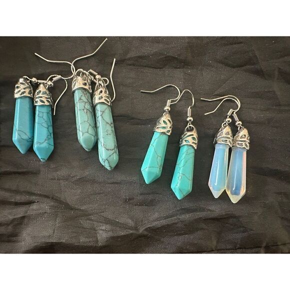 Lot Of 4 Natural Turquoise & Opalite Earrings Drop Silver Plated - Picture 1 of 3